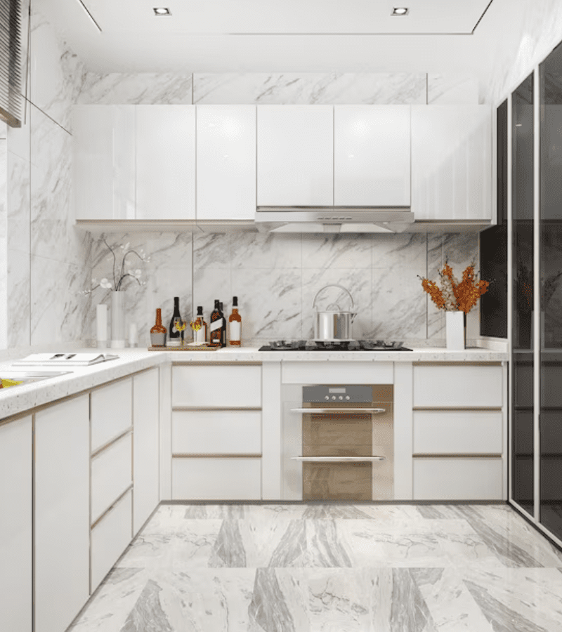 3d rendering white minimal kitchen with wood decoration<br />
