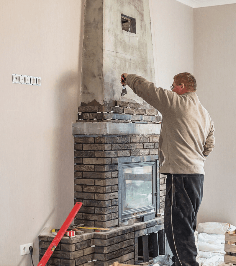 Worker installing a fireplace in a new home. Renovation concept.